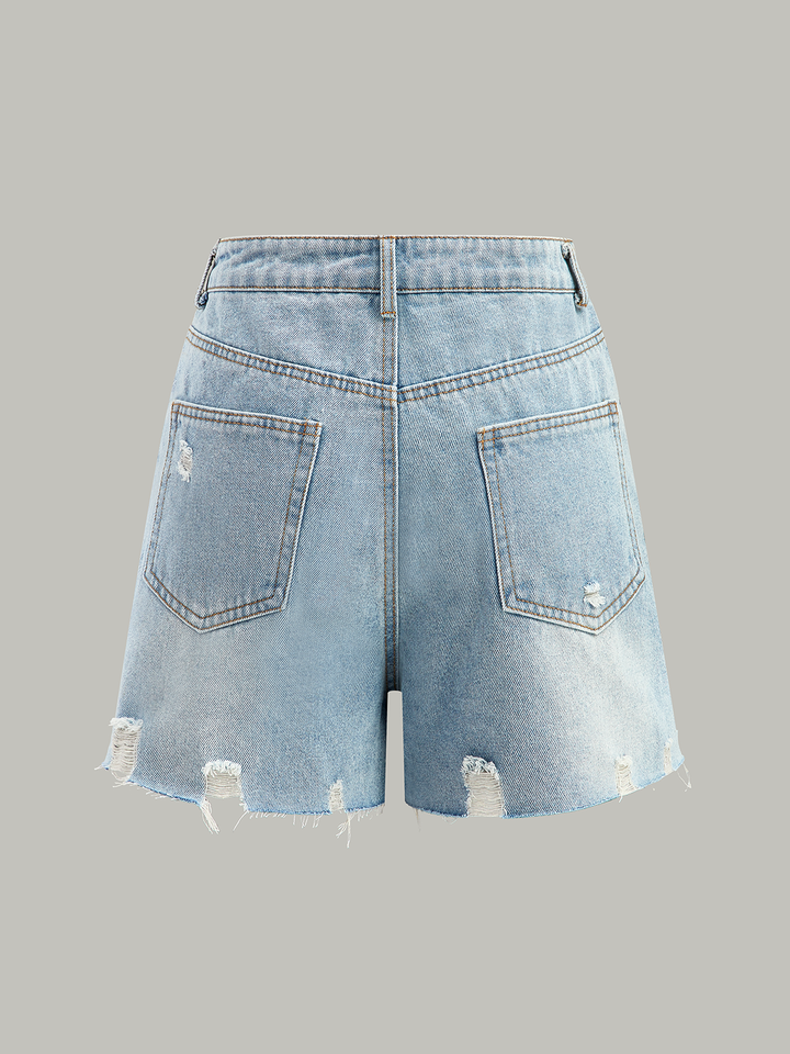 Asymmetric Waist Distressed Denim Shorts
