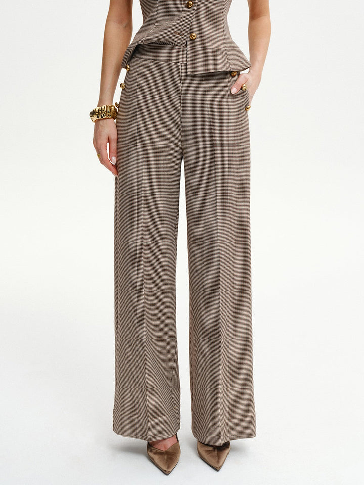 Houndstooth Metal Detail Mid-Waist Pants