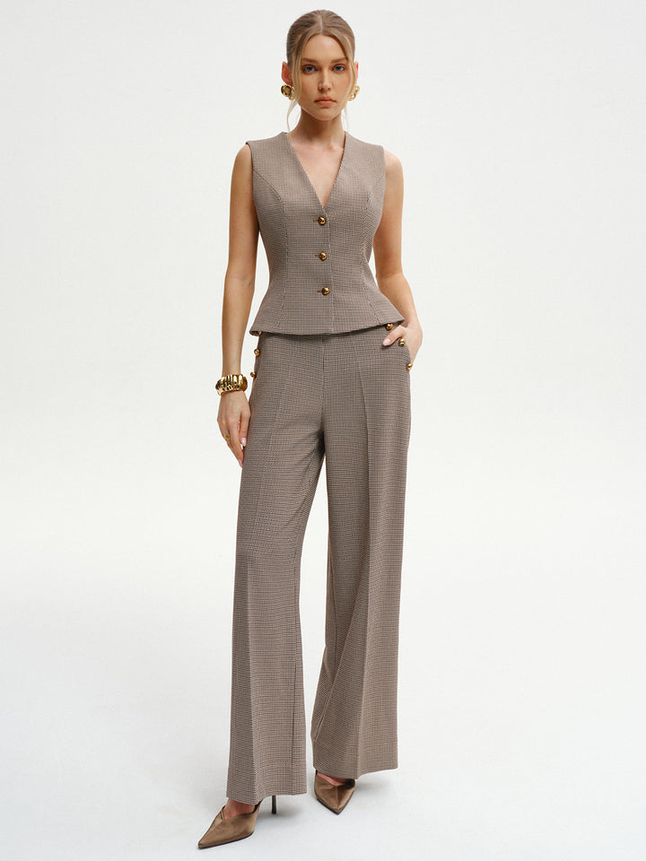 Houndstooth Metal Detail Mid-Waist Pants