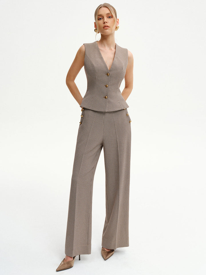 Houndstooth Metal Detail Mid-Waist Pants