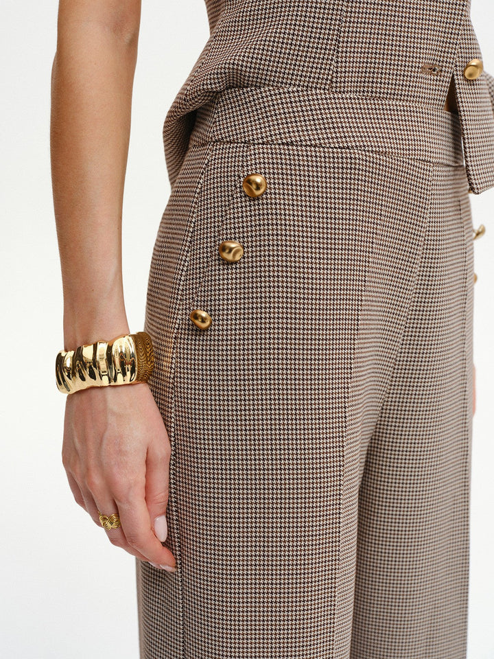 Houndstooth Metal Detail Mid-Waist Pants