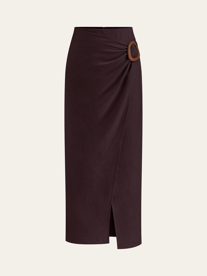 Linen Blend Wrap Midi Skirt with Wooden Buckle