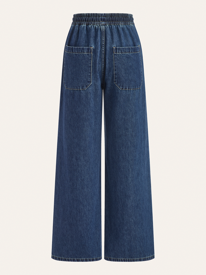 Denim Drawstring Waist Wide-Leg Pants