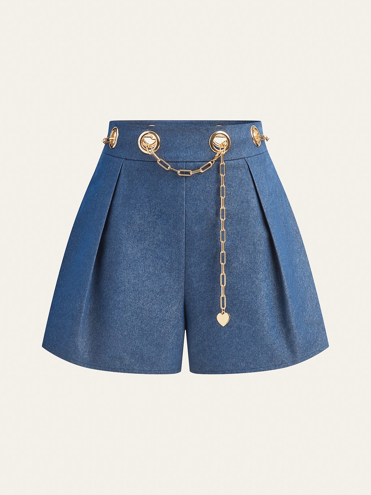 Faux Denim Shorts with Metal Chain Belt