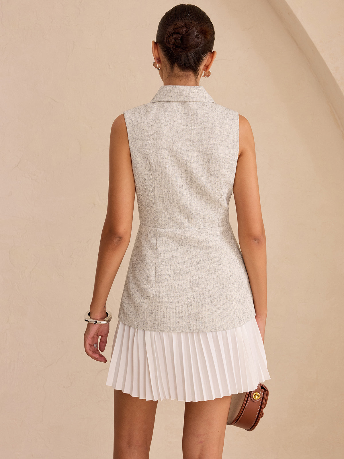 Sleeveless Collared Top Panel Pleated Skirt Mini Dress