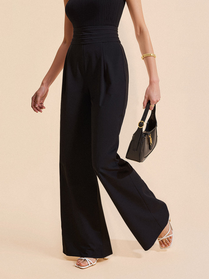High-Waist Pleated-Waistband Wide-Leg Pants