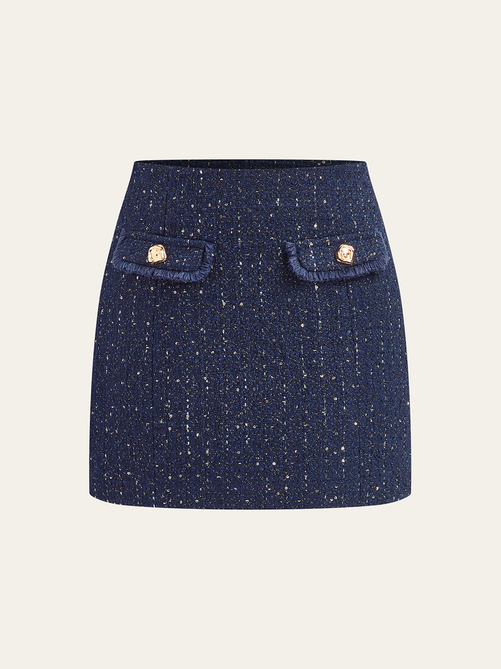 Sequin Tweed Mini Skirt with Decor Pocket
