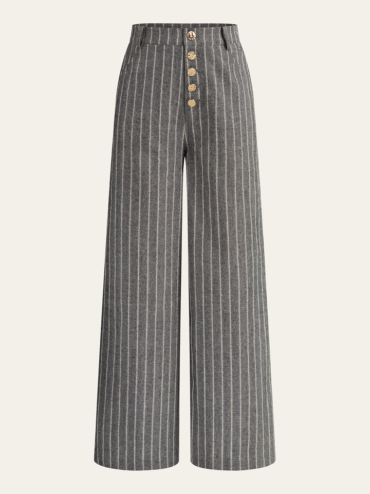 Pinstripe Linen & Cotton High-Waist Pants