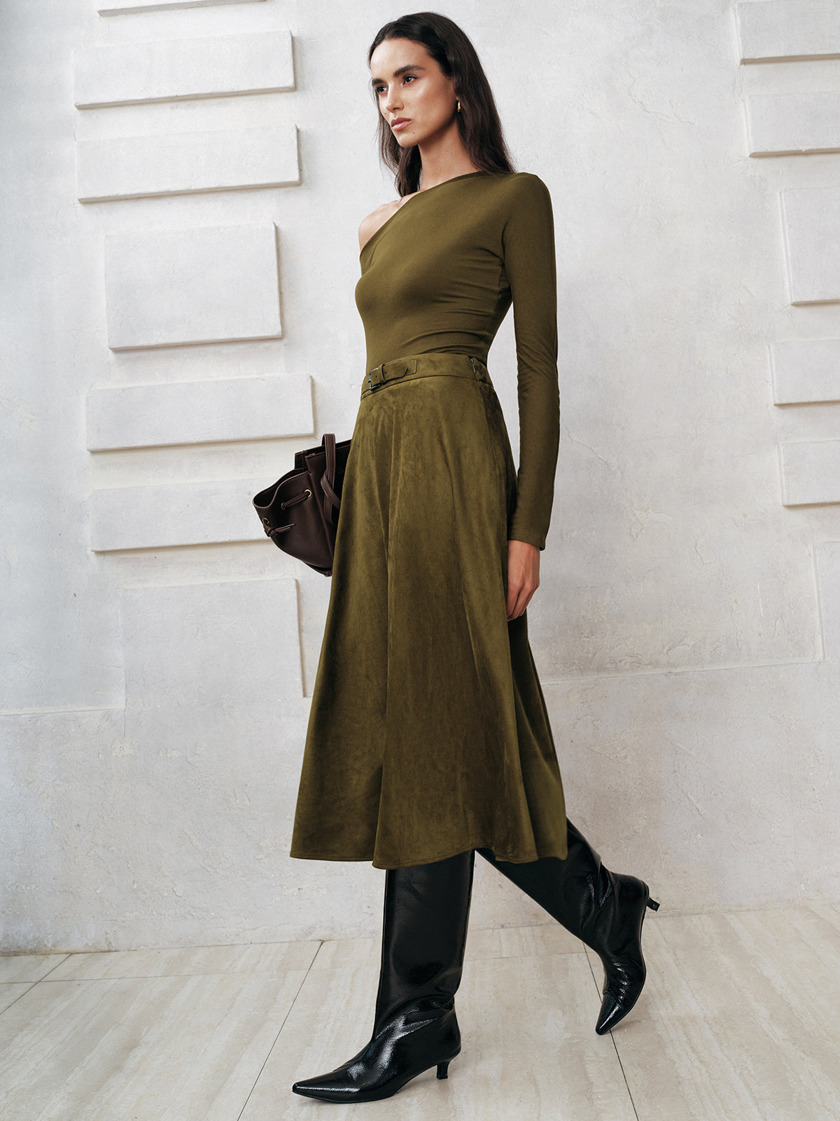 Suede Effect A-Line Midi Skirt