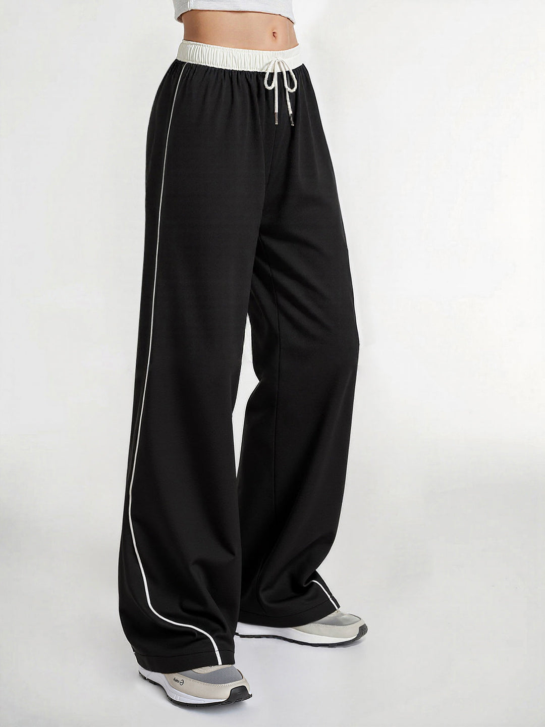 Contrast Waistband Drawstring Wide-Leg Pants