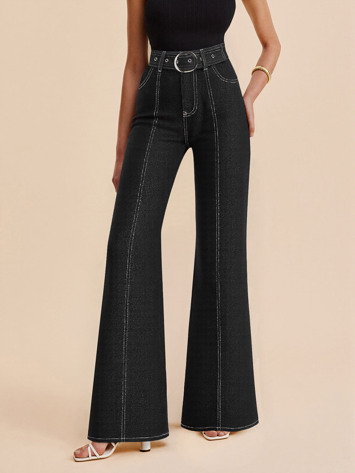 Denim Contrast-Stitch Pants with Belt