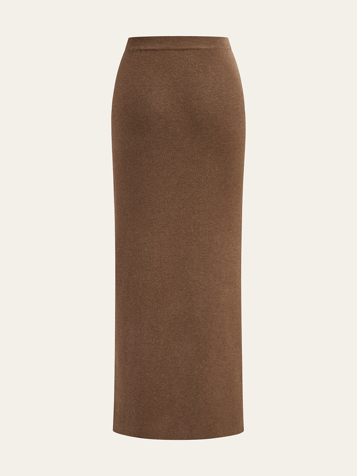 Ruched Side Button Wool Blend Sweater Skirt