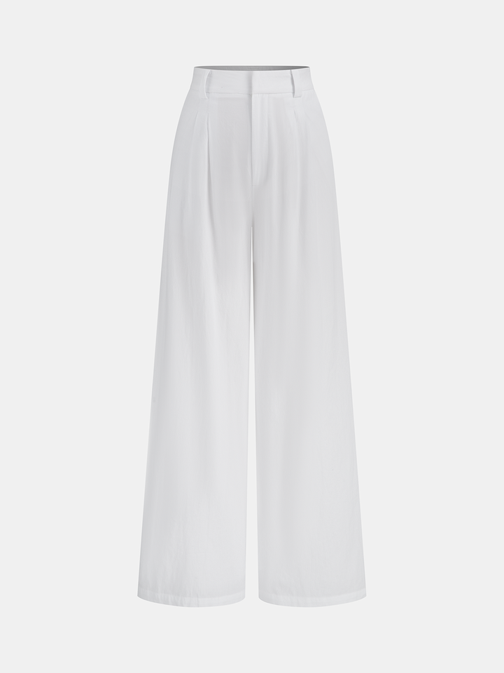 Cotton Mid-Waist Wide-Leg Pants With Pockets