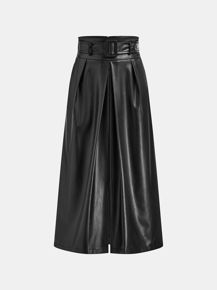 PU Leather Belted Maxi Skirt