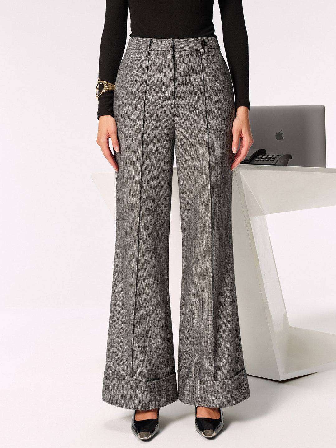 Mid-Waist Cuffed Wide-Leg Pants
