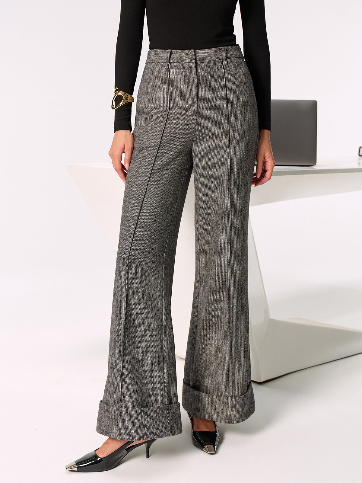Mid-Waist Cuffed Wide-Leg Pants