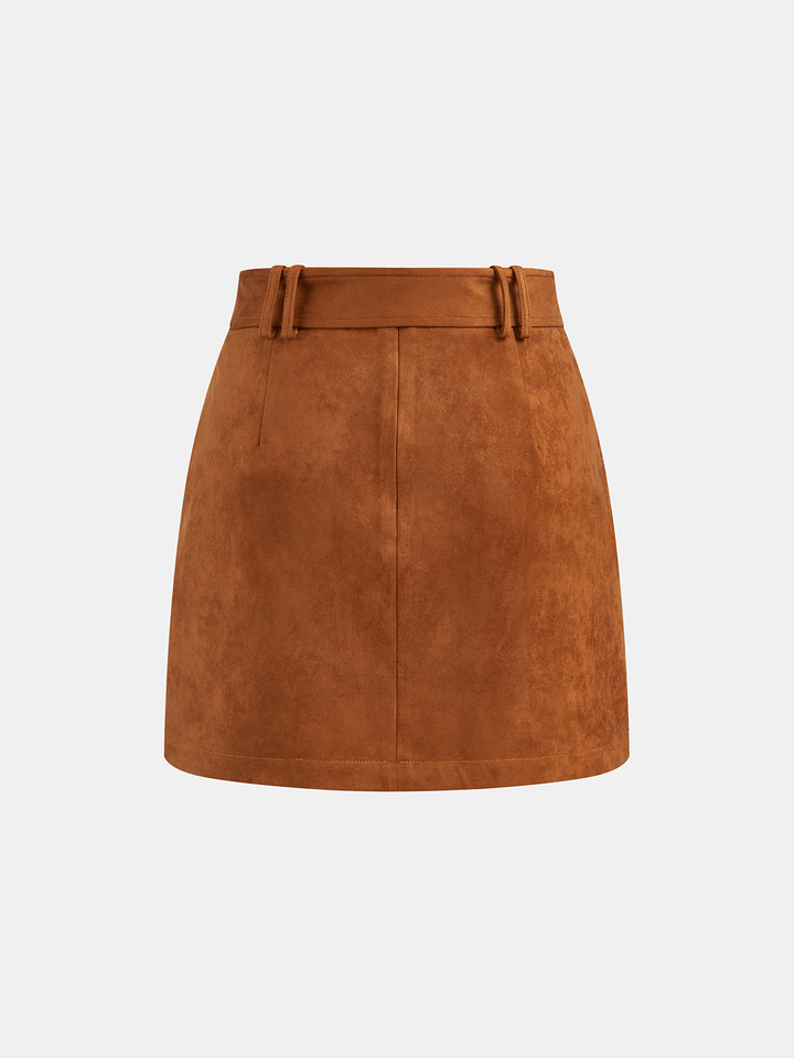 Suede Effect Belted Split Mini Skirt