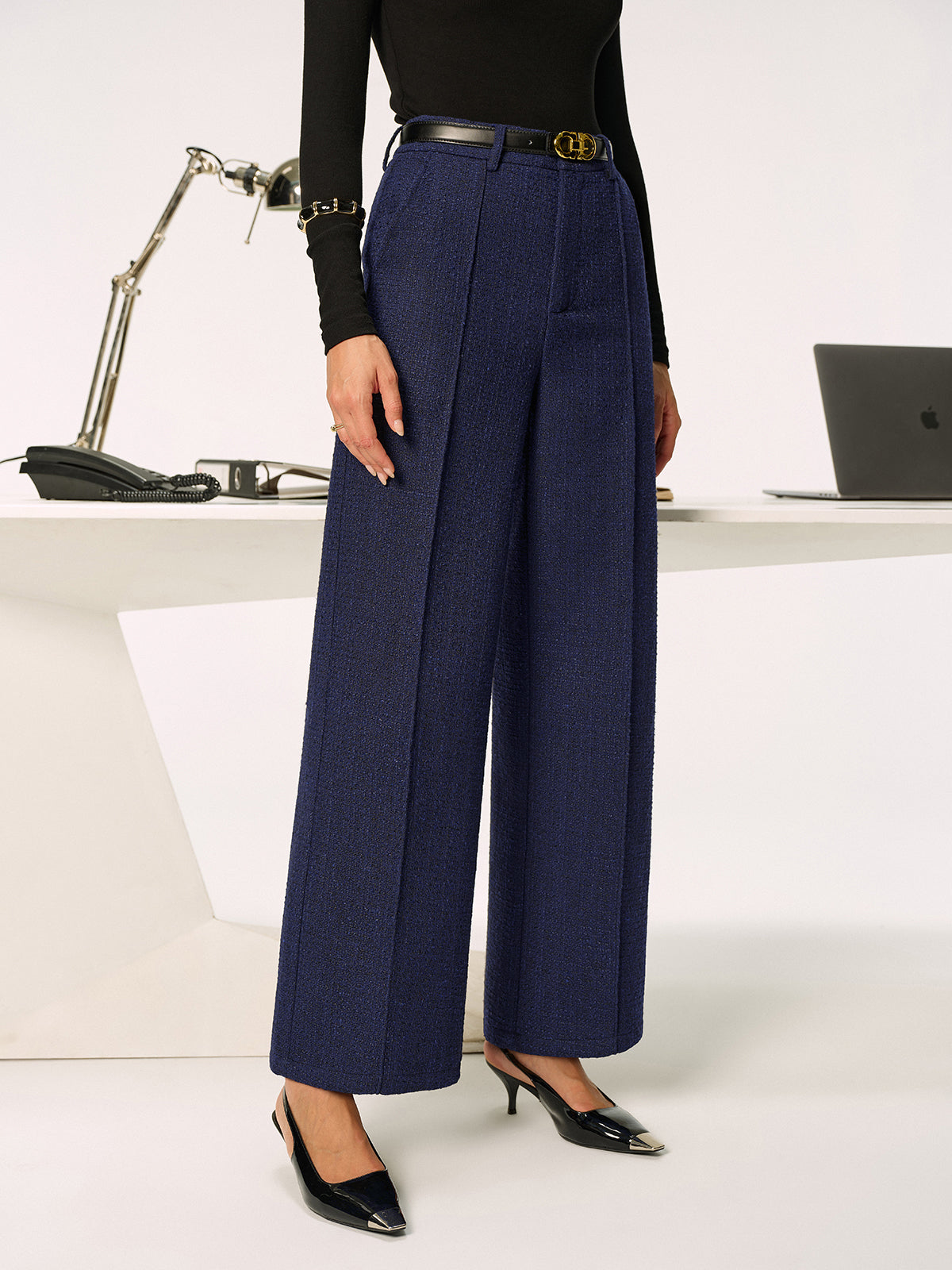 Mid-Waist Tweed Straight-Leg Pants