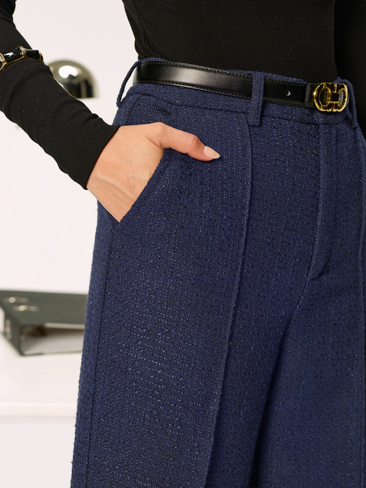 Mid-Waist Tweed Straight-Leg Pants
