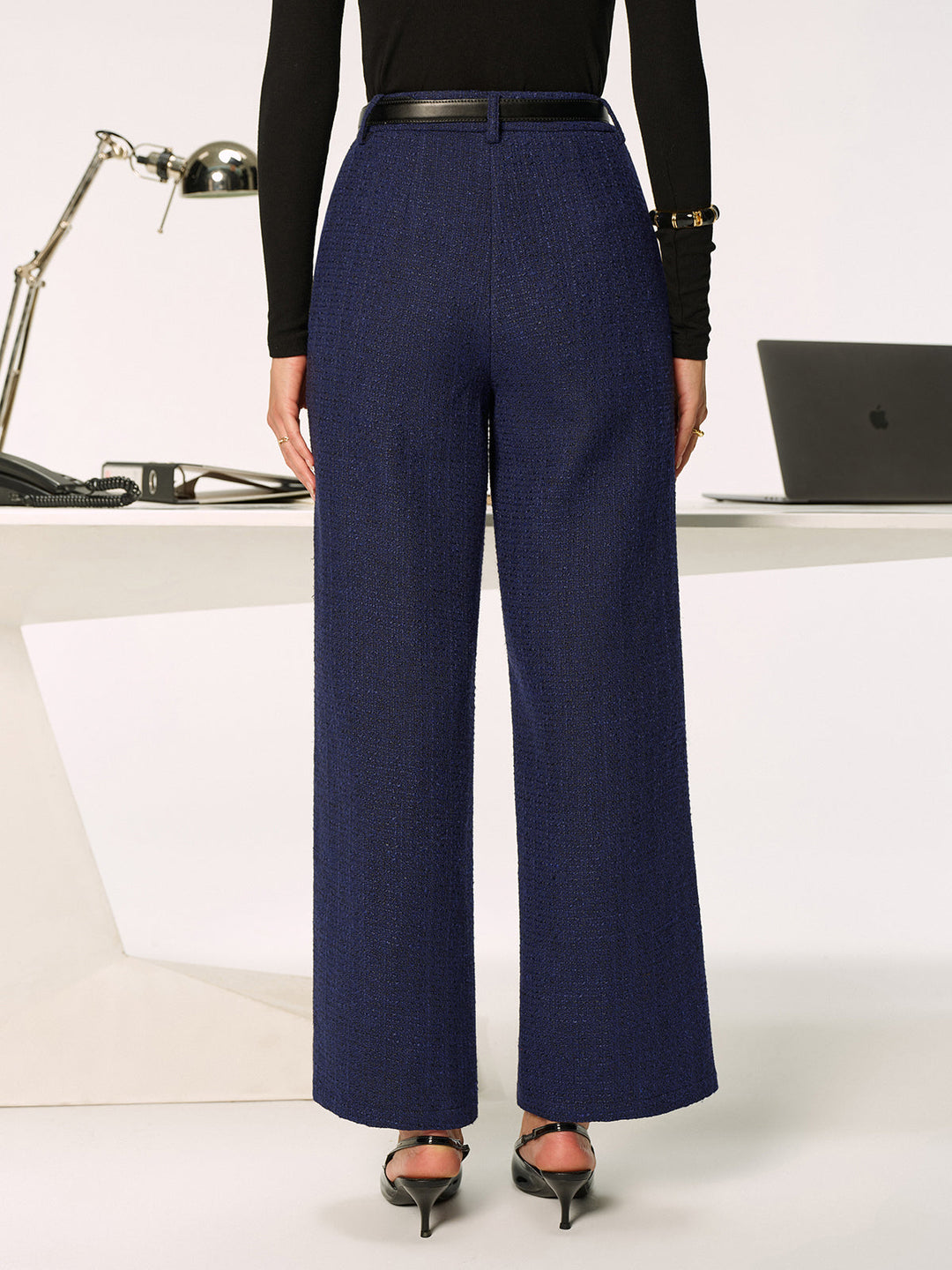 Mid-Waist Tweed Straight-Leg Pants
