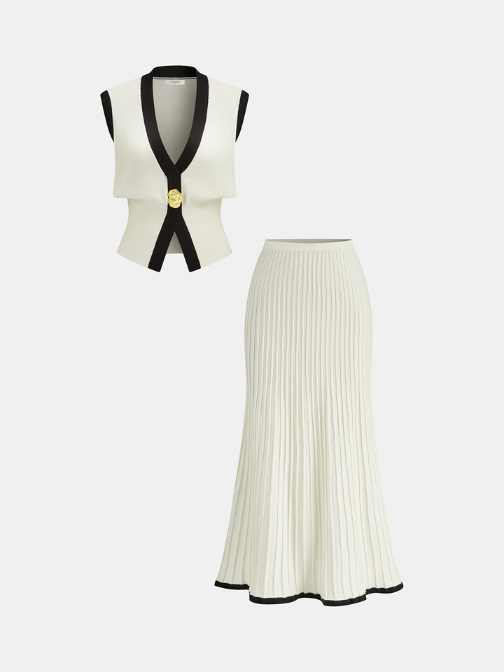 Contrast Trim Knit Vest and Midi Skirt Set