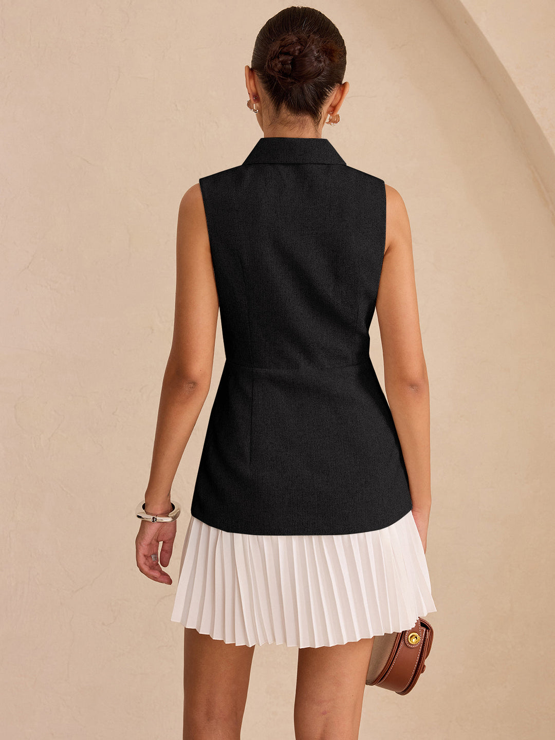 Sleeveless Collared Top Panel Pleated Skirt Mini Dress