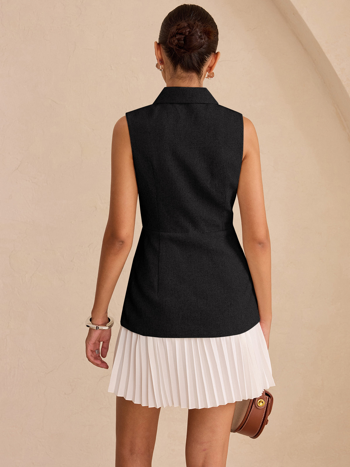 Sleeveless Collared Top Panel Pleated Skirt Mini Dress