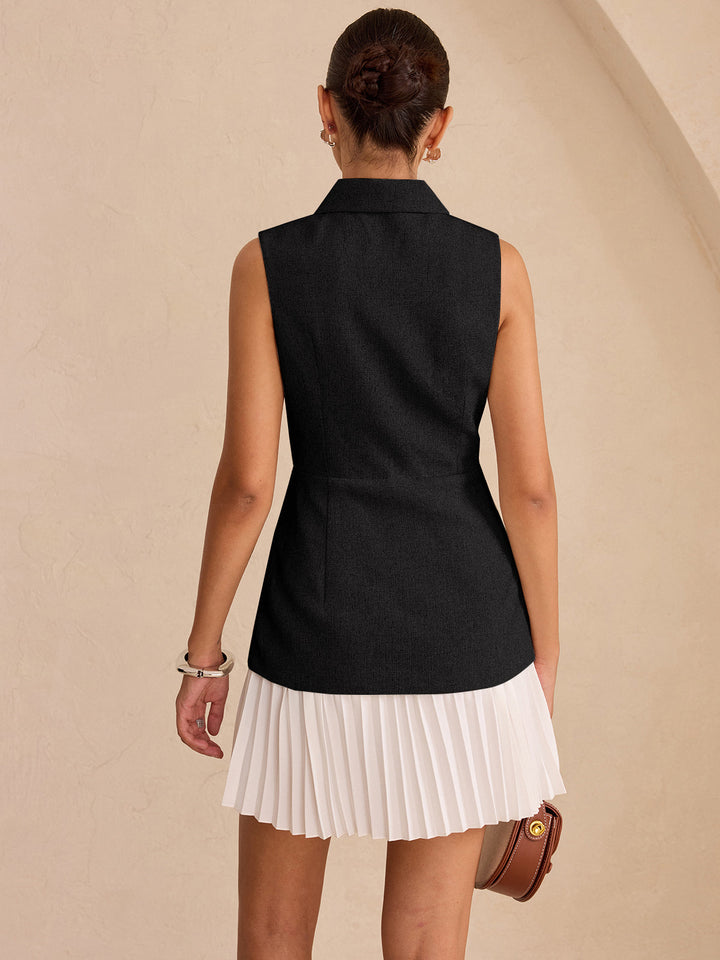 Sleeveless Collared Top Panel Pleated Skirt Mini Dress