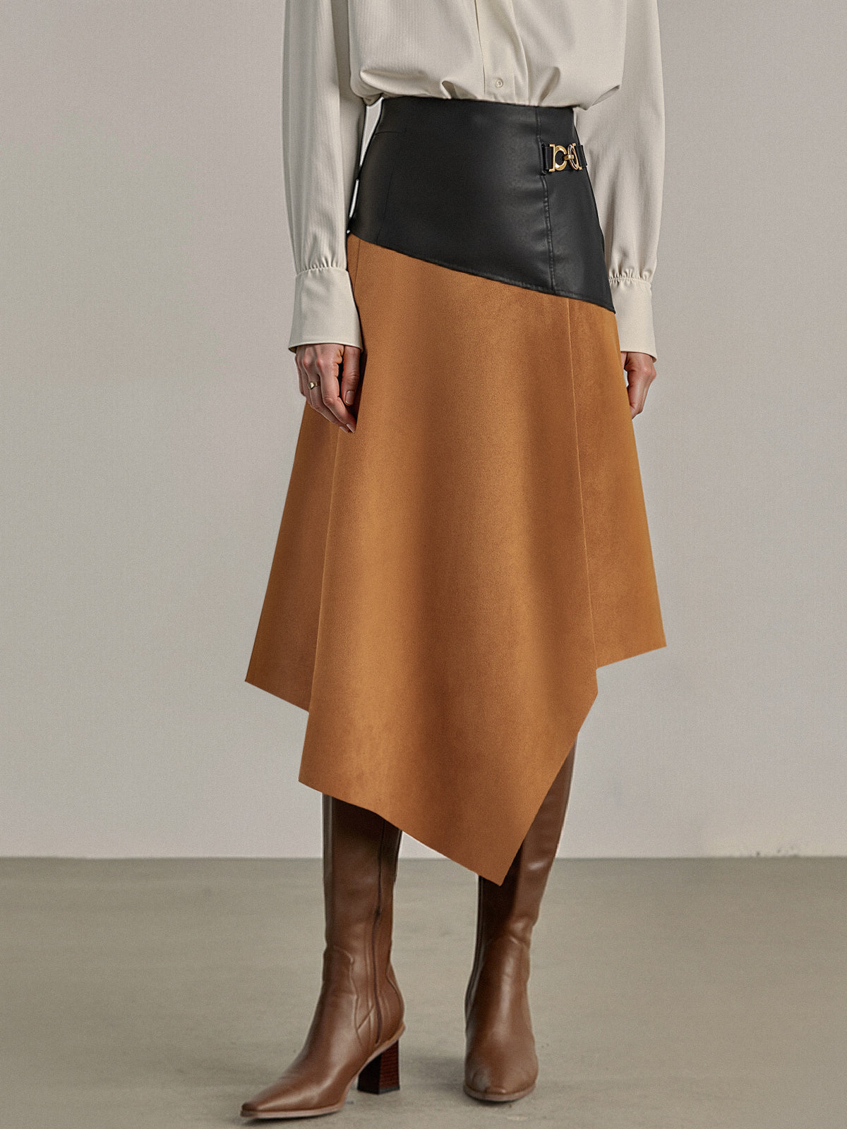 Faux Leather Paneled Suede Effect Asymmetric Midi Skirt
