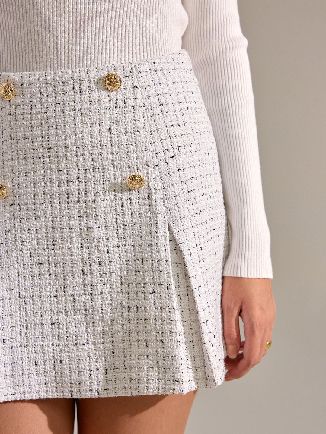 Metal Button Pleated Tweed Mini Skirt