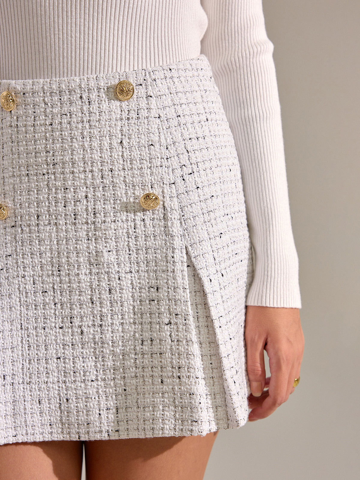 Metal Button Pleated Tweed Mini Skirt