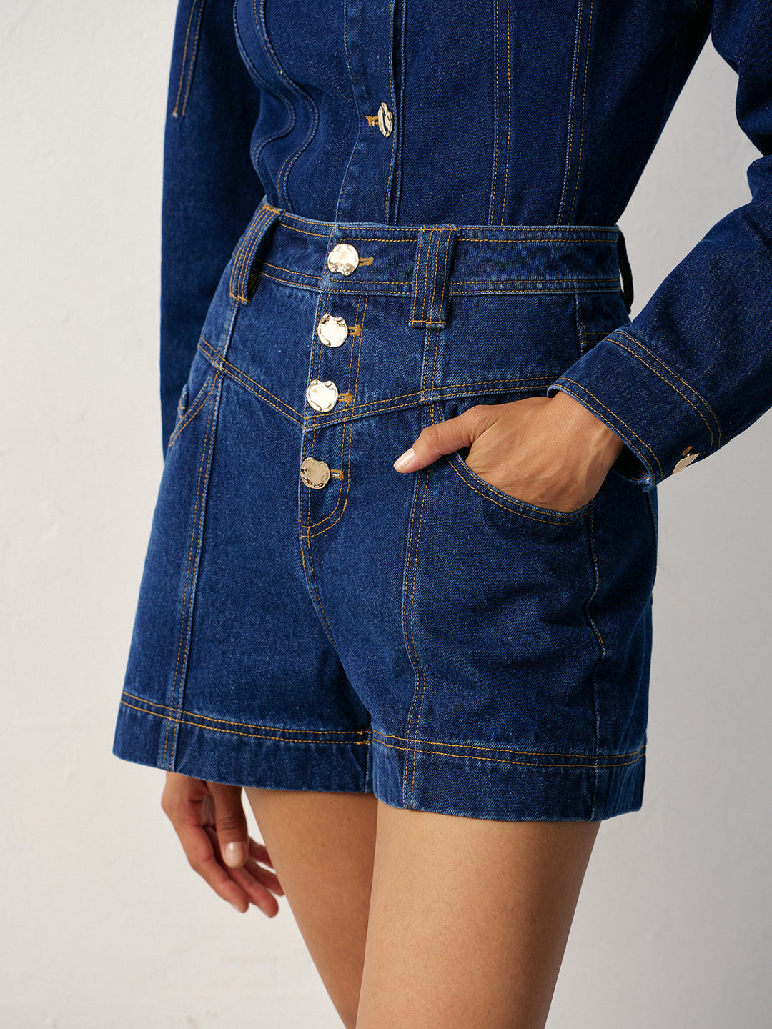 High-Waisted Button-Front Denim Short