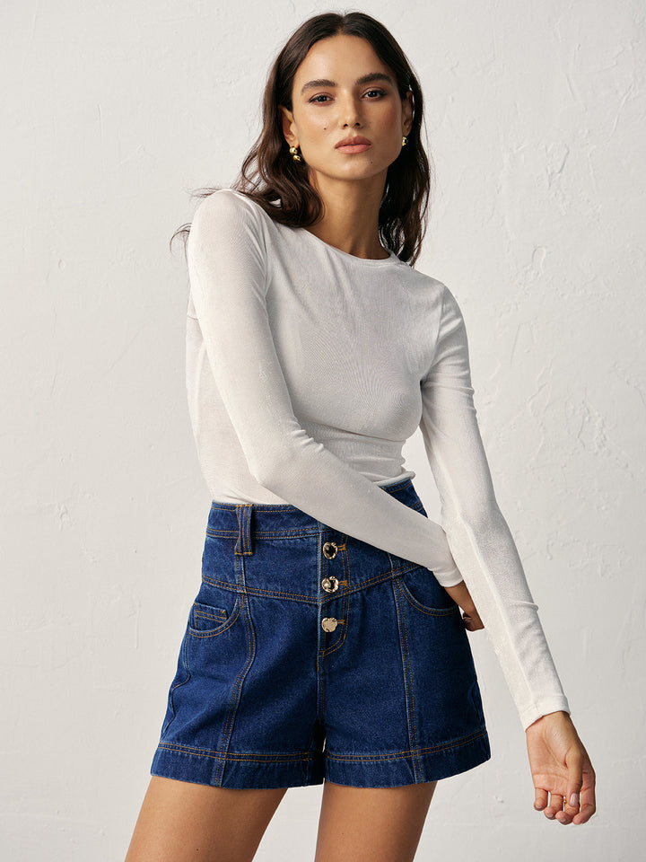High-Waisted Button-Front Denim Short