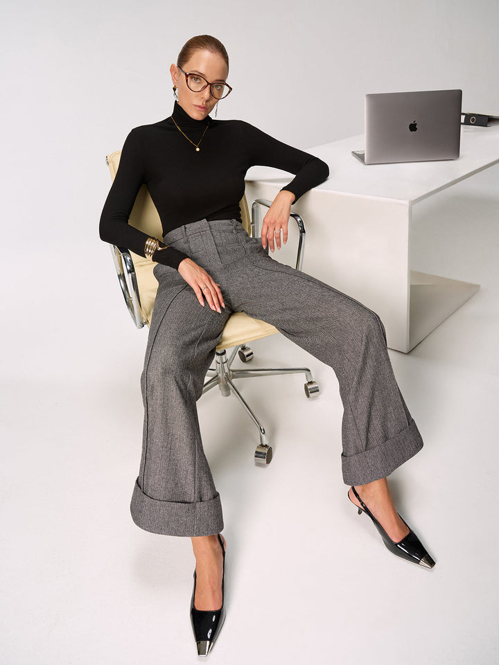 Mid-Waist Cuffed Wide-Leg Pants