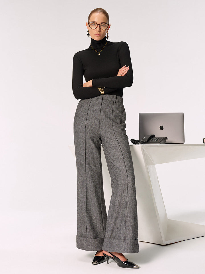 Mid-Waist Cuffed Wide-Leg Pants