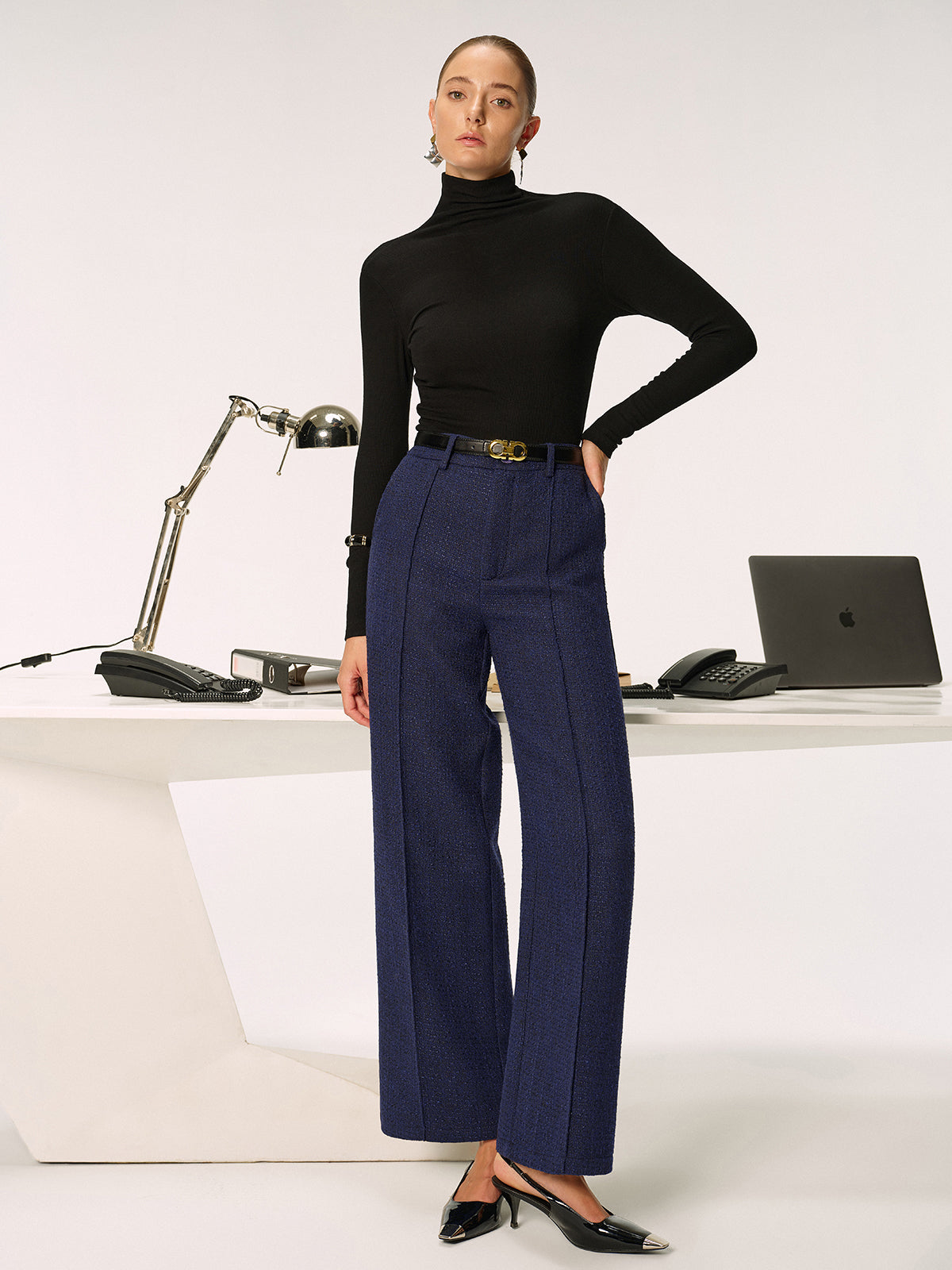 Mid-Waist Tweed Straight-Leg Pants