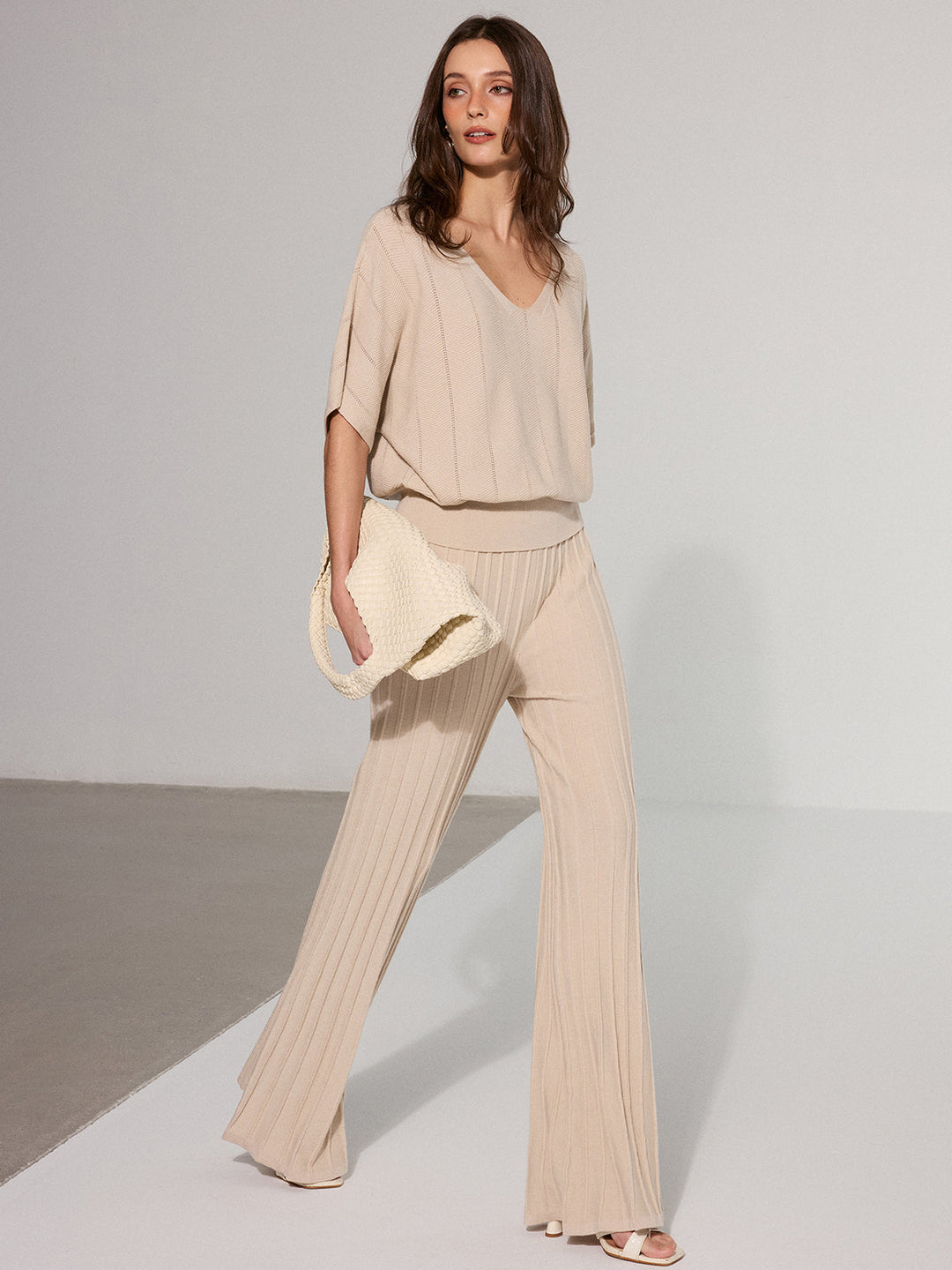 Textured Wool Blend Mid-Waist Flared Pants