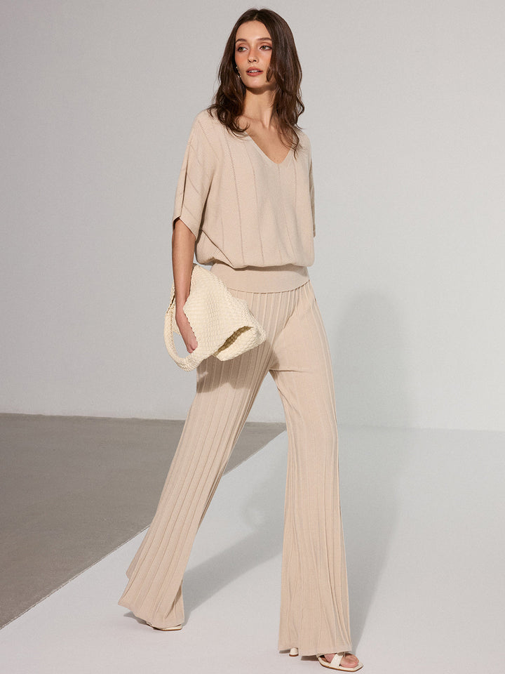 Textured Wool Blend Mid-Waist Flared Pants