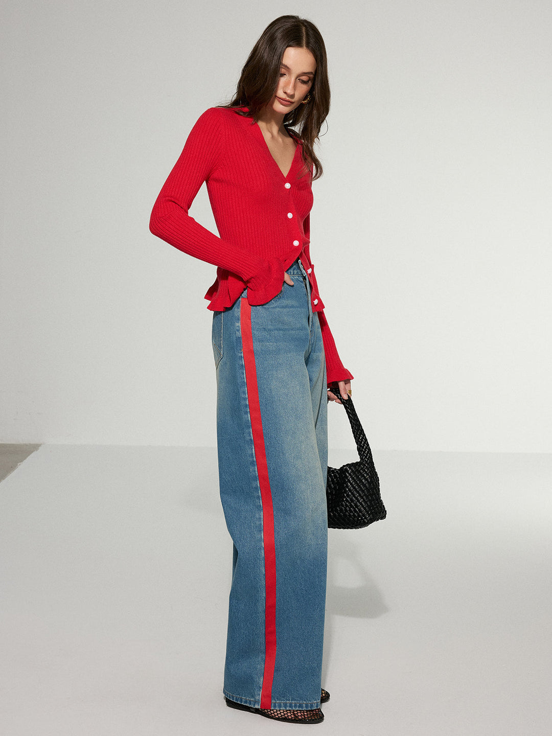Contrast Side Striped Wide-Leg Jeans