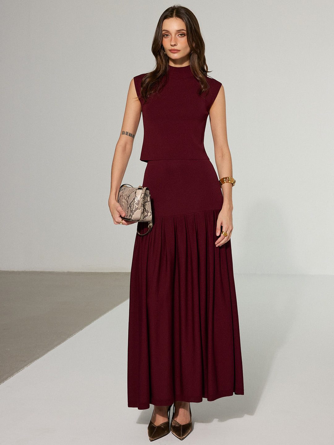 Mock Neck Sleeveless Top and Pleated Midi Skirt Set