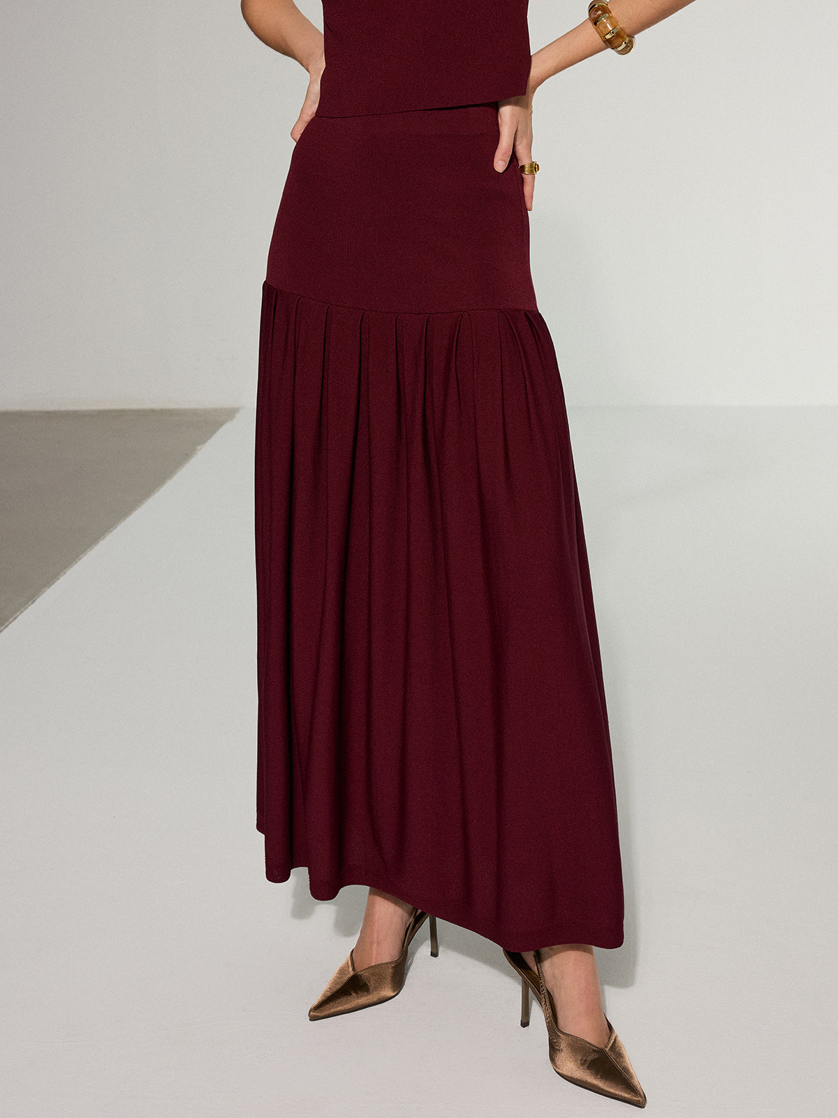 Mock Neck Sleeveless Top and Pleated Midi Skirt Set