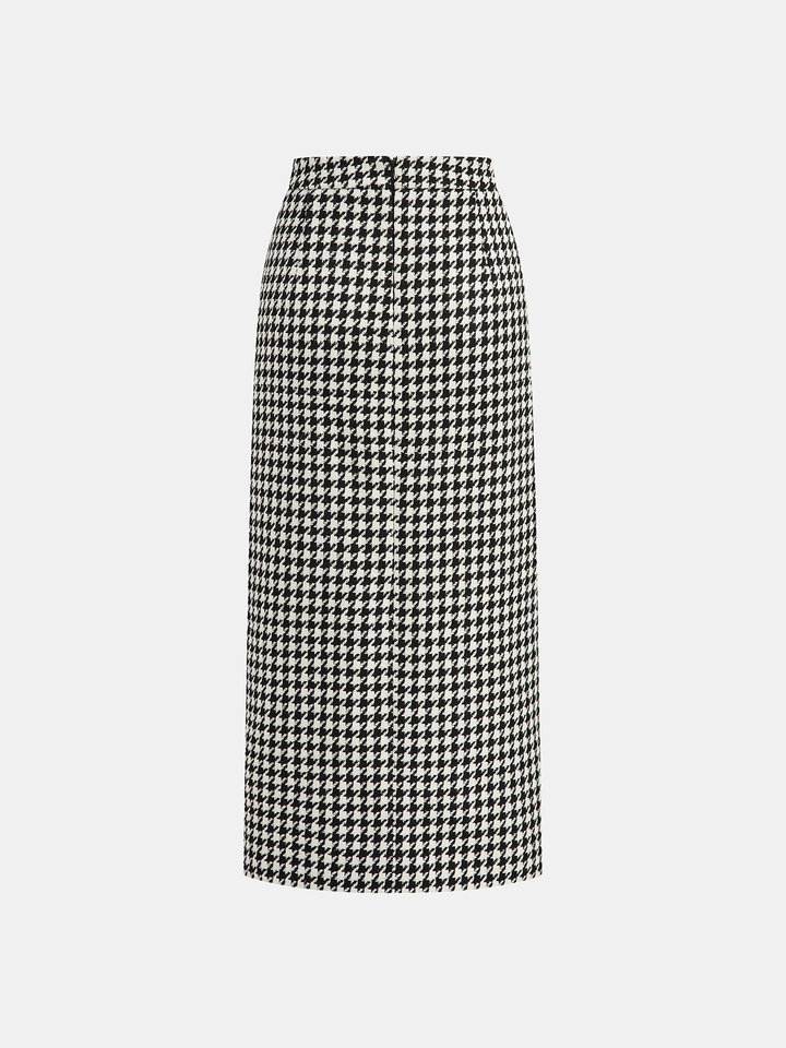 Houndstooth Tweed Slit Front Maxi Skirt