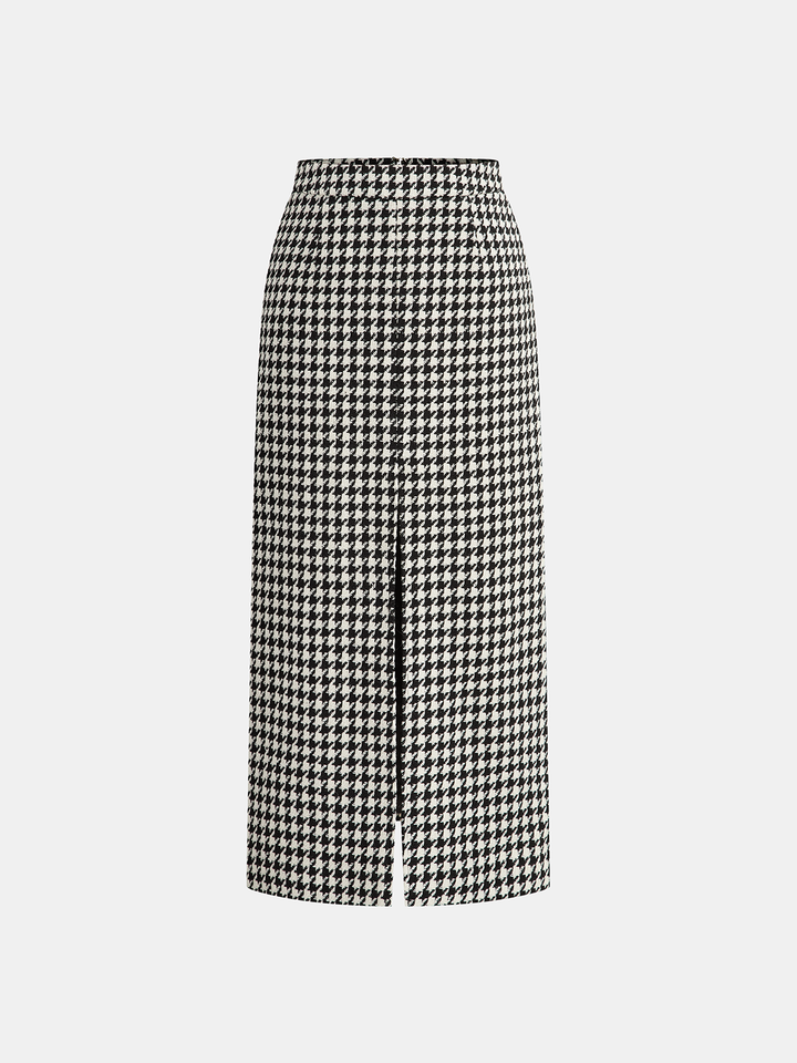 Houndstooth Tweed Slit Front Maxi Skirt