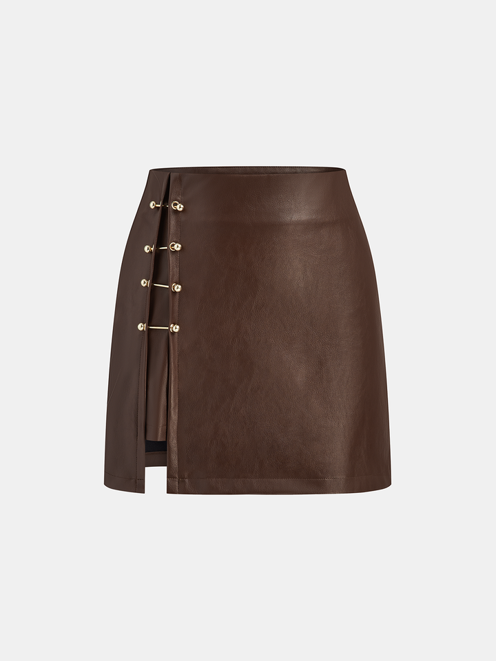 PU Leather Metal Detail Mini Skirt