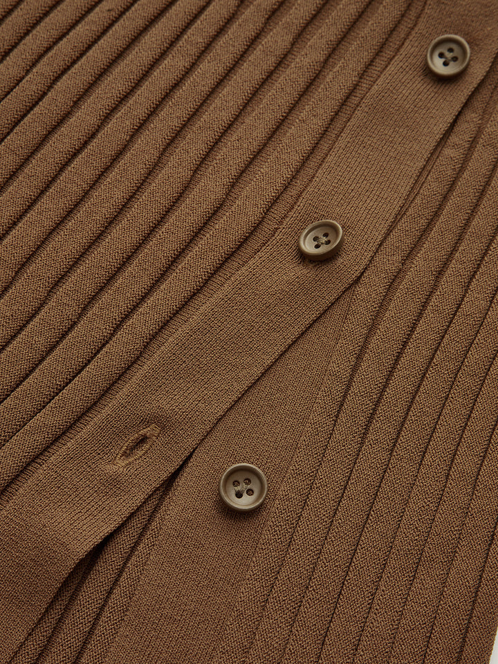 Ribbed Side Slit Button Detail Midi Skirt