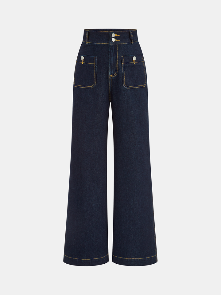 High-Waisted Double-Button Straight-Leg Denim Pants