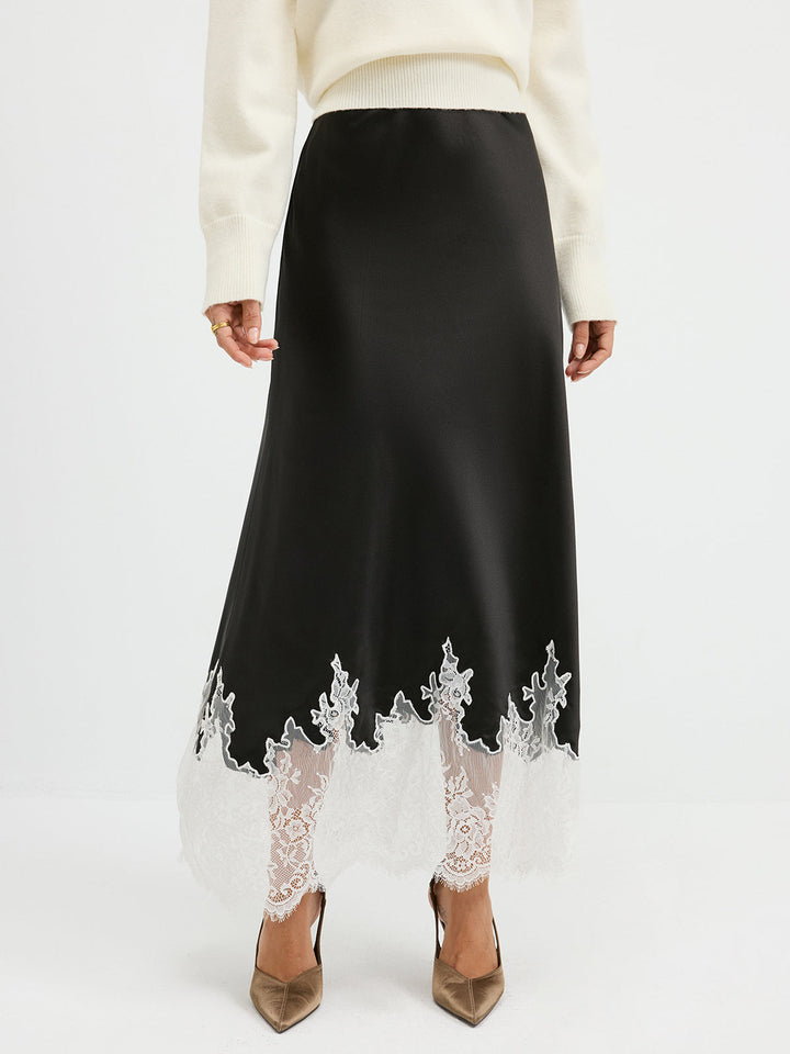 Lace Hem Satin Maxi Skirt