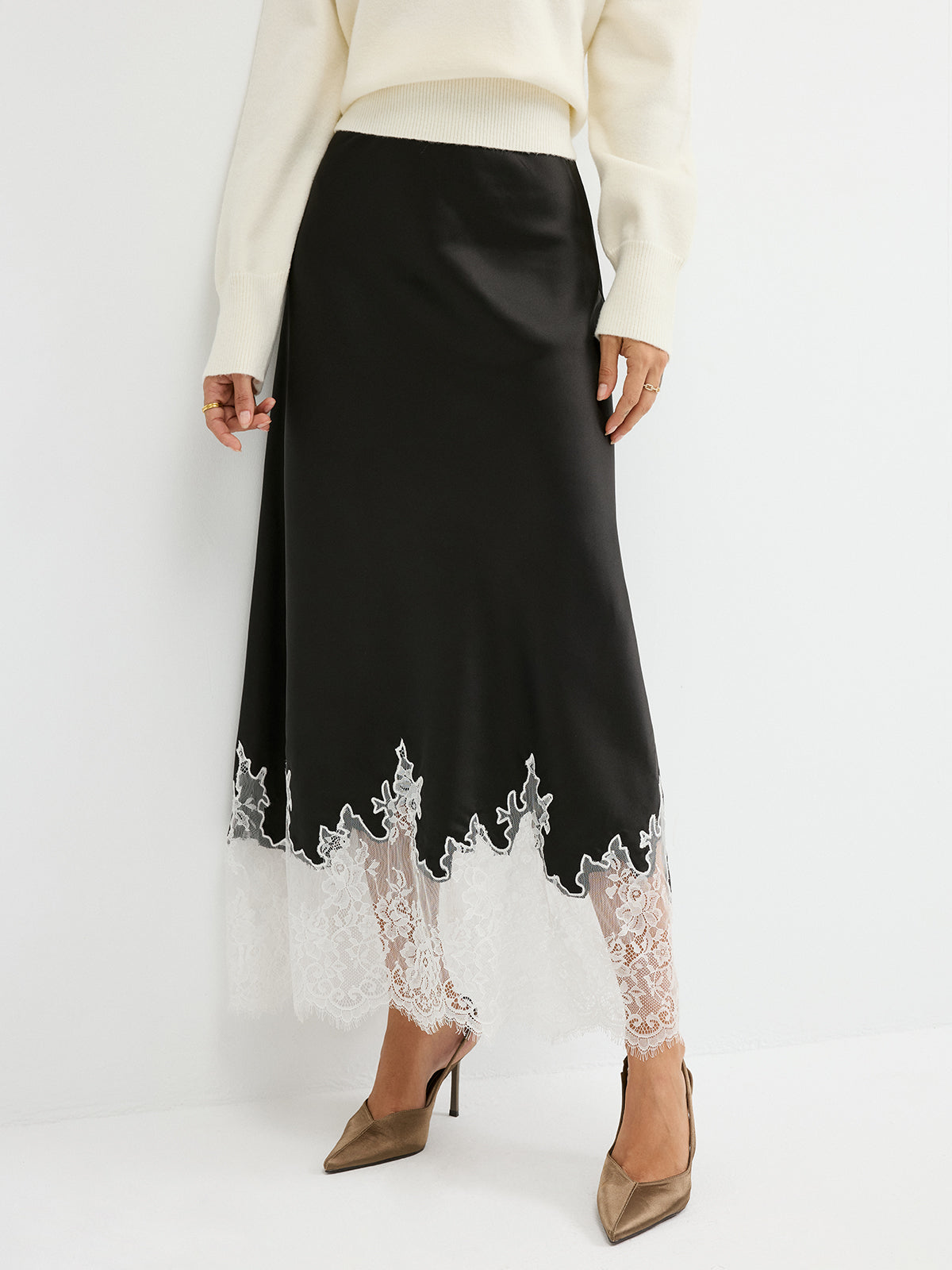 Lace Hem Satin Maxi Skirt