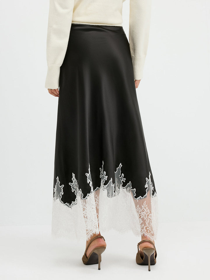 Lace Hem Satin Maxi Skirt
