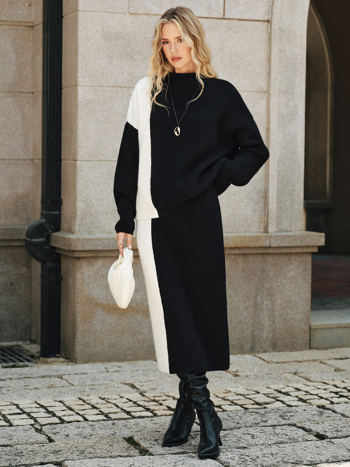 Color-Block Knit Sweater and Midi Skirt Set